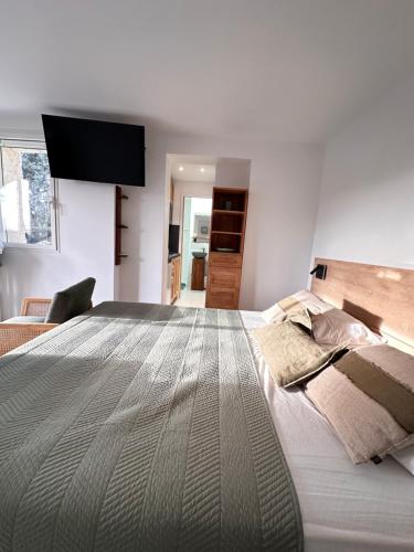 a bedroom with a large bed and a flat screen tv at Villa Grand Baie in Agay - Saint Raphael