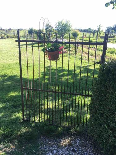a fence with a pot of plants on it at La maison d'en face a cozy guesthouse in Saint-Euphrône