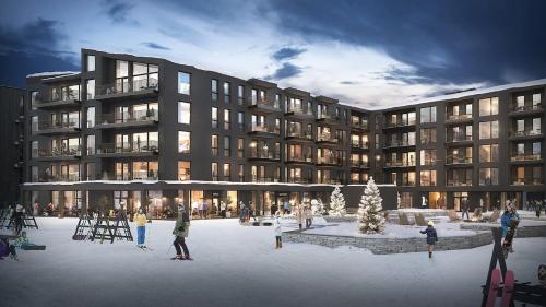 eine Darstellung eines Gebäudes mit Leuten davor in der Unterkunft New! Apartment Fjellandsbyen Hemsedal Ski&bike in Kyrkjebøen