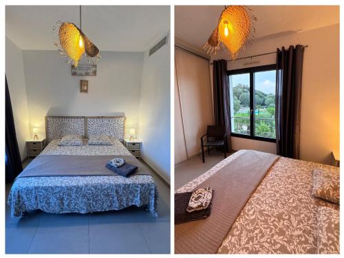 - deux photos d'une chambre avec un lit et une fenêtre dans l'établissement Appartement dernier étage avec spa privatif sur grande terrasse, à Porto-Vecchio