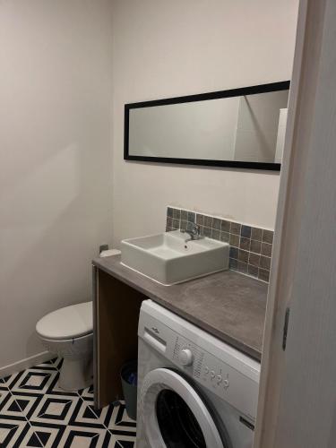 une salle de bain avec un lavabo et une machine à laver dans l'établissement joli petit studio, à Mantes-la-Jolie