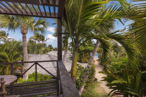 a view of a resort with palm trees and a pathway at Hotel Manapany in Gustavia