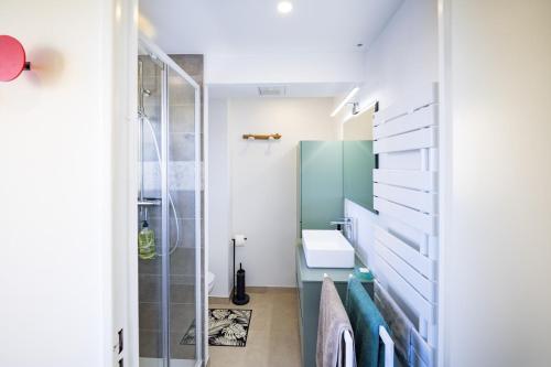 une salle de bain avec un lavabo et une douche dans l'établissement Les Voiles d Azur, Duplex moderne avec vue sur le port et la mer, à 2 minutes des plages, à Vallauris