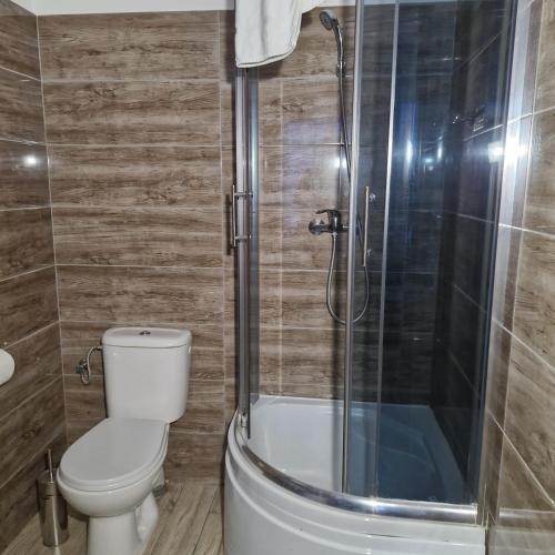 a bathroom with a toilet and a shower at Jarzębinowy Resort & SPA in Braniewo