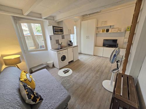 un salon avec un canapé et une cuisine dans l'établissement GregBnb - Studio Mezzanine - Cour exterieure - Parking Inclus - Clim, à Toulon