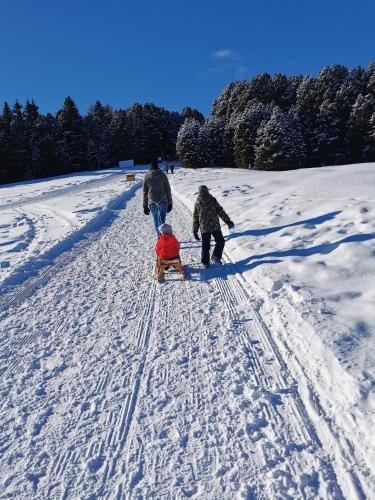 a group of three people walking in the snow at Moosbachhof - Ferienwohnung Marienkäfer in Collalbo