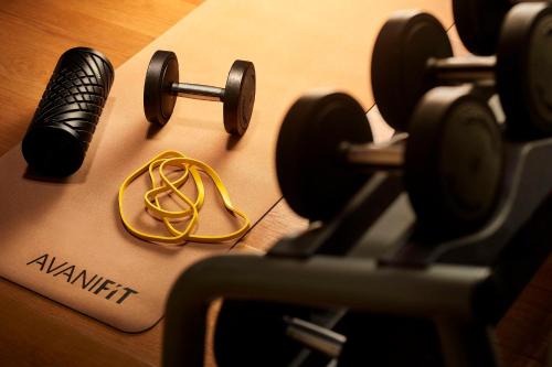 a group of gym equipment with dumbbells and a yellow rope at Avani Palazzo Moscova Milan Hotel in Milan