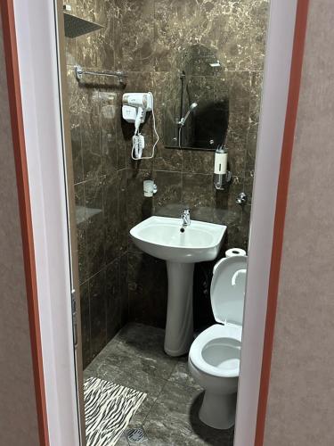 a small bathroom with a toilet and a sink at Guest house chavchavadze N23 in Stepantsminda
