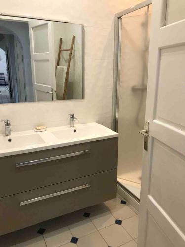 une salle de bain avec un lavabo, un miroir et une douche dans l'établissement Villa Les Sablettes à 50m de la plage-Canet en Roussillon, à Canet