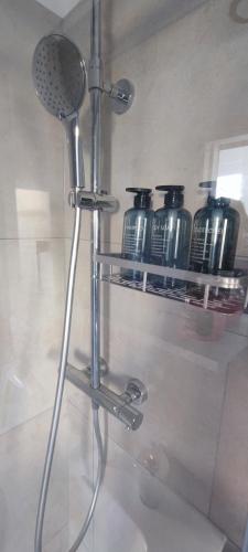 a shower shelf with four bottles on it in a bathroom at Tominettihome in Verbania