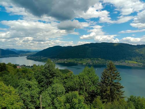 a view of a lake with trees and mountains at Ferienwohnung Schack in Bodensdorf