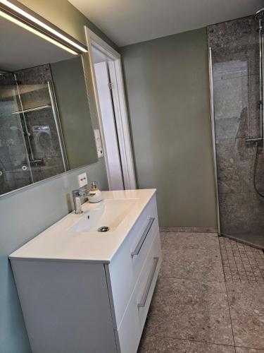 a bathroom with a white sink and a shower at Seaside Holiday Home in Hjelmeland