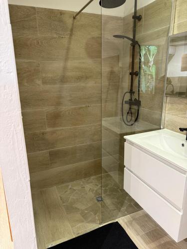 a bathroom with a shower and a sink at Love Room Ô Fruit de la passion in Le Gosier