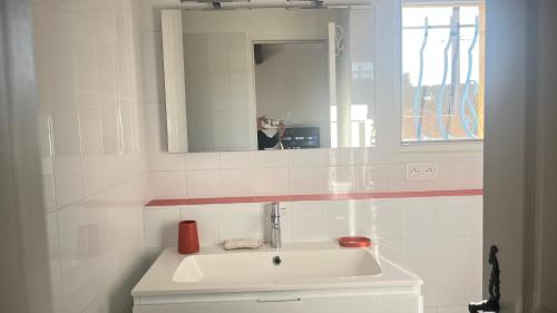 une salle de bain blanche avec un lavabo et un miroir dans l'établissement La maison aux volets bleus, à Draguignan