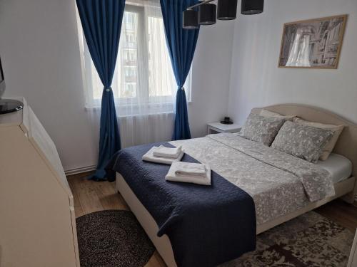 克卢日-纳波卡BRB Park Studio的卧室里有一张床，床上放着两条毛巾。