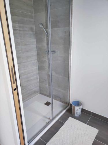 une douche avec une porte vitrée dans une salle de bain dans l'établissement Maison récente plain-pied Crozon proche plage commerces, à Crozon