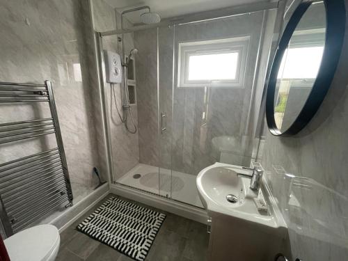 a bathroom with a shower and a sink and a toilet at Salakee in Penzance