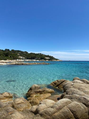 un groupe de rochers dans l'eau avec une plage dans l'établissement Cosy and Chic Apartment, au Plan-de-la-Tour