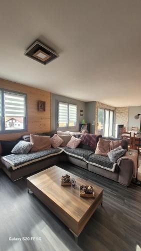 un salon avec un canapé et une table basse dans l'établissement Gîte Le Canaillou, à Xonrupt-Longemer