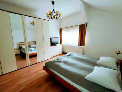 a bedroom with a large bed and a television at Pensiunea Cerbul - Valea Dobârlăului in Valea Dobîrlăului