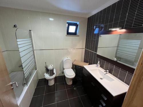 a bathroom with a toilet and a sink and a shower at Campeã Valley in Campeã