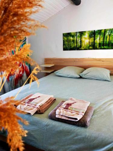 une chambre avec un lit avec deux serviettes dessus dans l'établissement Repère des etoiles, à Saint-Beauzire