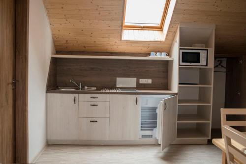 a small kitchen with a sink and a microwave at Penzion U Červené podkovy in Vlčkov