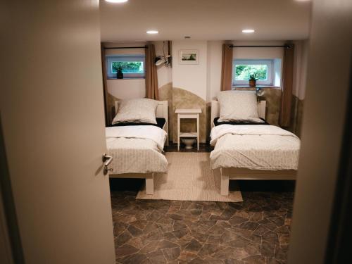 a room with two beds and two windows at Faehrmann-s-Huus-Ditzum in Ditzum