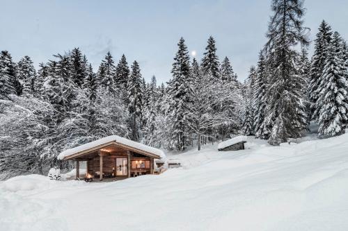 a cabin in the snow with snow covered trees at La Mendola Alm-Chalet in Mendola