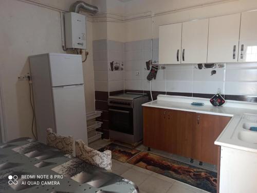 a small kitchen with a refrigerator and a sink at Apart F3 in Tipaza, 10 mins from the beach in Tipaza