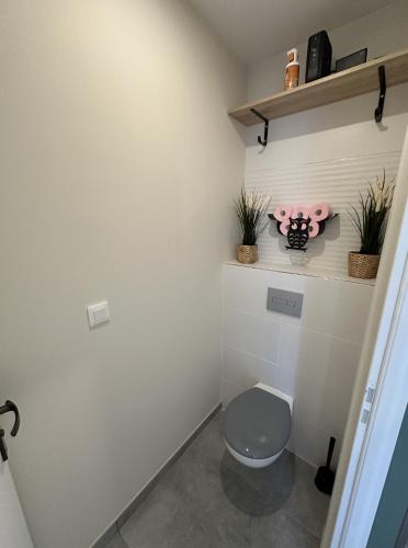 La salle de bains est pourvue de toilettes et de plantes murales. dans l'établissement Maison calme avec terrasse-garage centre ville D, à Dijon