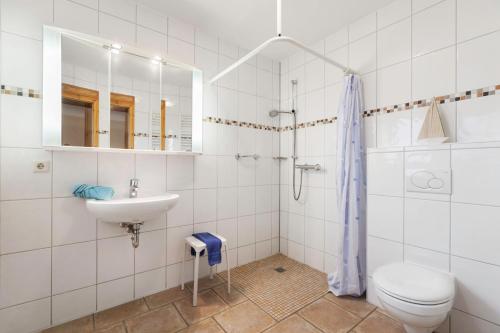 a white bathroom with a toilet and a sink at Bis 6 Hunde Fewo mit Garten in Barkenholm