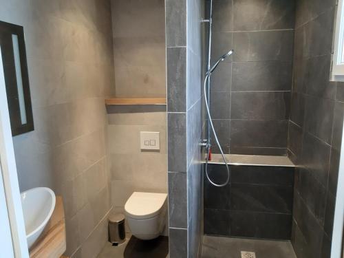 une salle de bain avec douche et toilettes dans l'établissement Maison de 70 m2 Quartier Manio, à Lorient