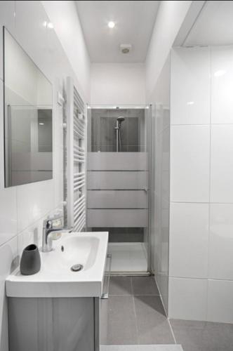 une salle de bain blanche avec un lavabo et une douche dans l'établissement Fantin Latour studio confortable 2P Seine et tour Eiffel, à Paris