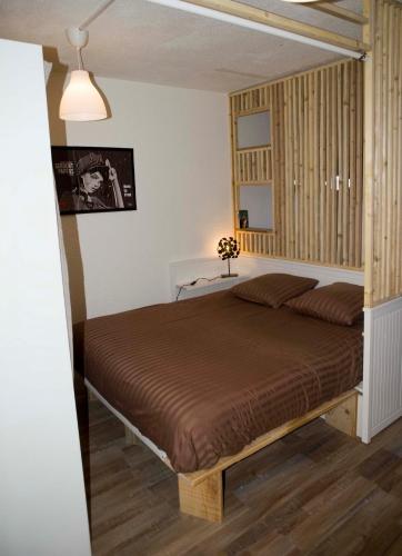 une chambre avec un grand lit dans une pièce dans l'établissement Appartement T1bis avec jardinet au calme, à Barbotan-les-Thermes