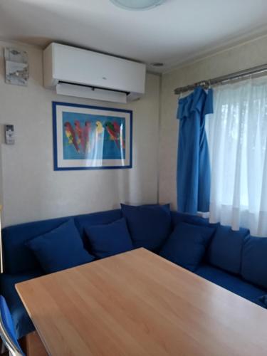 a living room with a blue couch and a wooden table at AgriCamping Ca' Bodi in Cavallino-Treporti