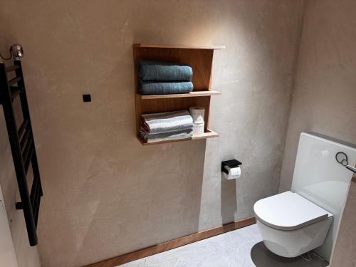 a bathroom with a white toilet and some towels at Agriturismo Voeuja Lago Maggiore in Luino