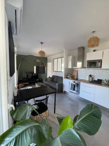 une cuisine et un salon avec une table et un canapé dans l'établissement Apartment in Montpellier, à Montpellier