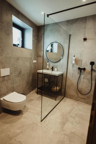 a bathroom with a shower and a toilet and a sink at Hotel U Racka in Ostrožská Nová Ves