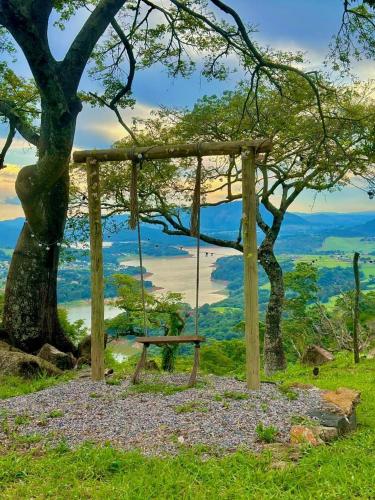 a swing sitting on top of a tree at Sitio mirante do Lopo in Vargem