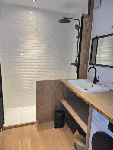 Elle comprend une petite salle de bains pourvue d'un lavabo et d'un comptoir. dans l'établissement Catalunya, à Font-Romeu-Odeillo-Via