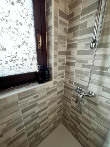 a shower in a bathroom with a window at maison fiordaliso in Lodi