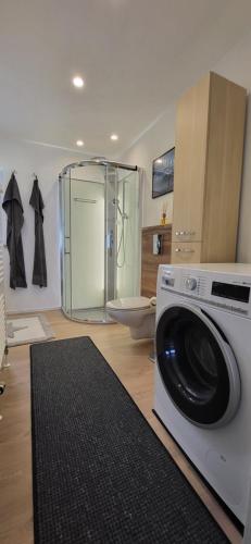 a washing machine in a bathroom with a shower at Ferienwohnung Schwarzach in Schwarzach