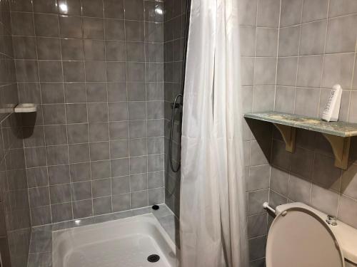 La salle de bains est pourvue d'une douche, de toilettes et d'une baignoire. dans l'établissement Charmant studio 2* avec balcon et parking à Brides-les-Bains, proche thermes et centre village. - FR-1-512-6, à Brides-les-Bains