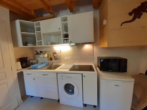 une cuisine avec une machine à laver et un évier dans l'établissement Studio cosy proche centre thermal avec mezzanine et wifi - FR-1-512-95, à Brides-les-Bains