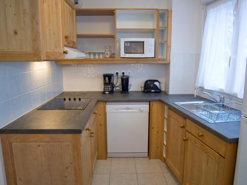 une petite cuisine avec un évier et un micro-ondes dans l'établissement Grand duplex 2 pièces avec WiFi et animaux admis - FR-1-512-153, à Brides-les-Bains