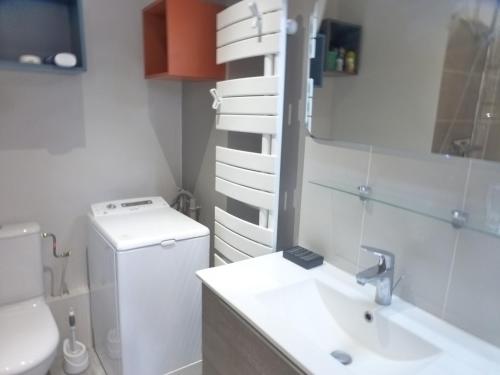 une petite salle de bain avec toilettes et lavabo dans l'établissement Studio cosy avec balcon, Wi-Fi, proche thermes et télécabine à Brides-les-Bains - FR-1-512-51, à Brides-les-Bains