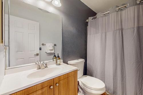a bathroom with a sink and a toilet and a mirror at Cozy Mountain Retreat in Flagstaff