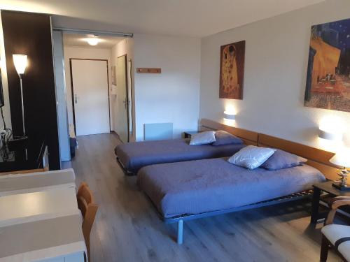 Cette chambre comprend deux lits et un couloir. dans l'établissement Studio confortable avec balcon, parking et WiFi à Brides-les-Bains - FR-1-512-149, à Brides-les-Bains