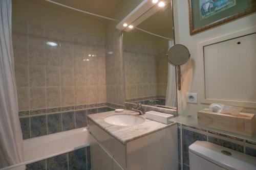 une salle de bain avec un lavabo et un miroir et des toilettes dans l'établissement Bright pied-à-terre Eiffel Tower 4 people, à Paris